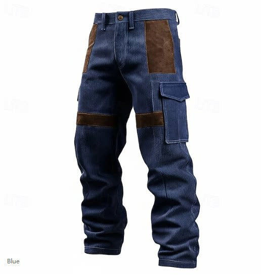 Blue denim work pants with brown leather-like patch panels on the thighs and cargo pockets, shown on a plain white background.