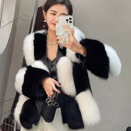 Women's Black & White Contrast Fur Coat - Adult Luxury Winter Outerwear