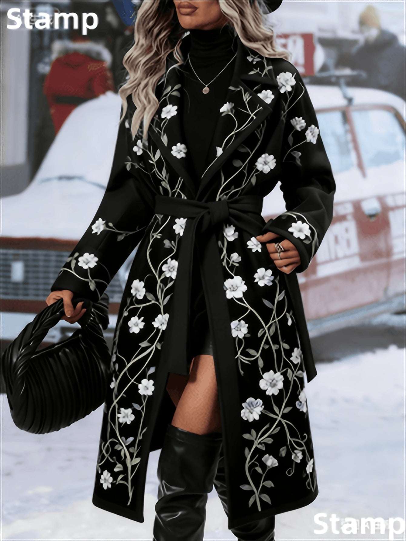 Woman wearing a black coat with white floral embroidery in a snowy outdoor setting.