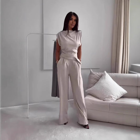 Women's Sleeveless Asymmetric-Hem Split Top & Straight-Leg Trousers Set | Dark Gray, Light Brown & White | S–3X