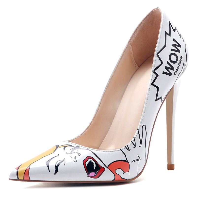 High-heeled shoe with cartoon character design on a white background