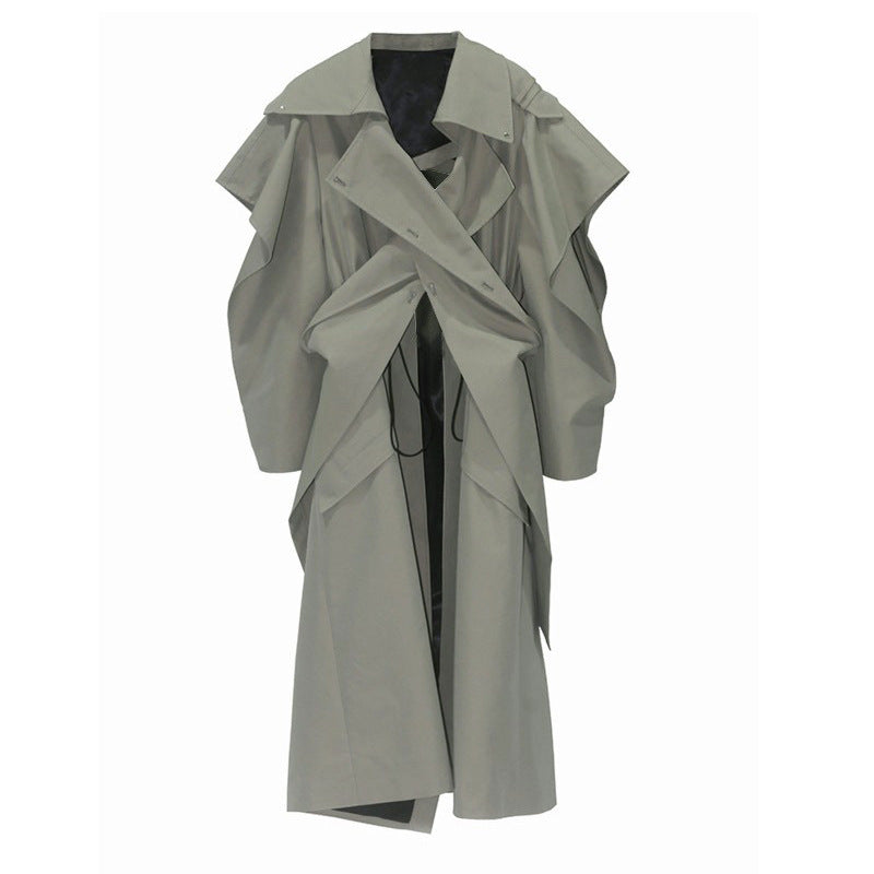 Women's Elasticated-Waist Raglan-Sleeve Trench Coat | Lace-Up & Pleated | Gray | S–L