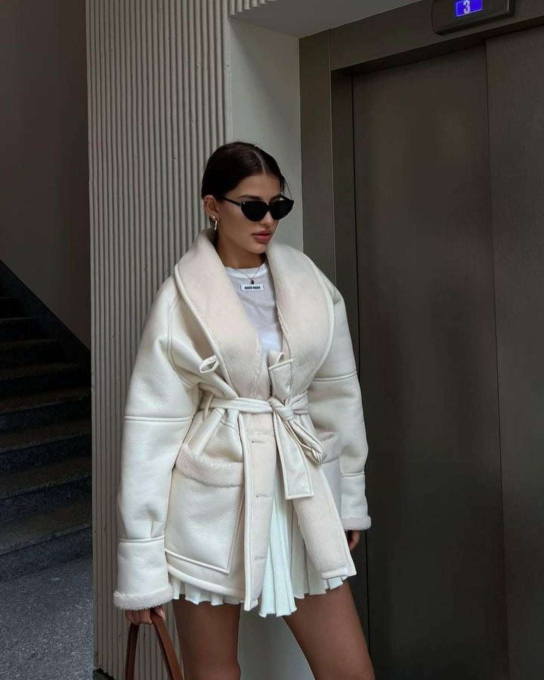 Korean Style Leather & Fur Splicing Coat - Women's Long Sleeve Trench