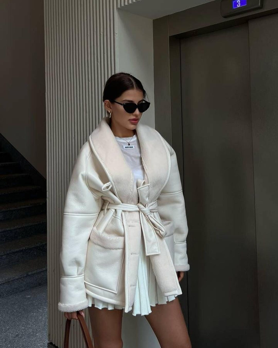 Korean Style Leather & Fur Splicing Coat - Women's Long Sleeve Trench