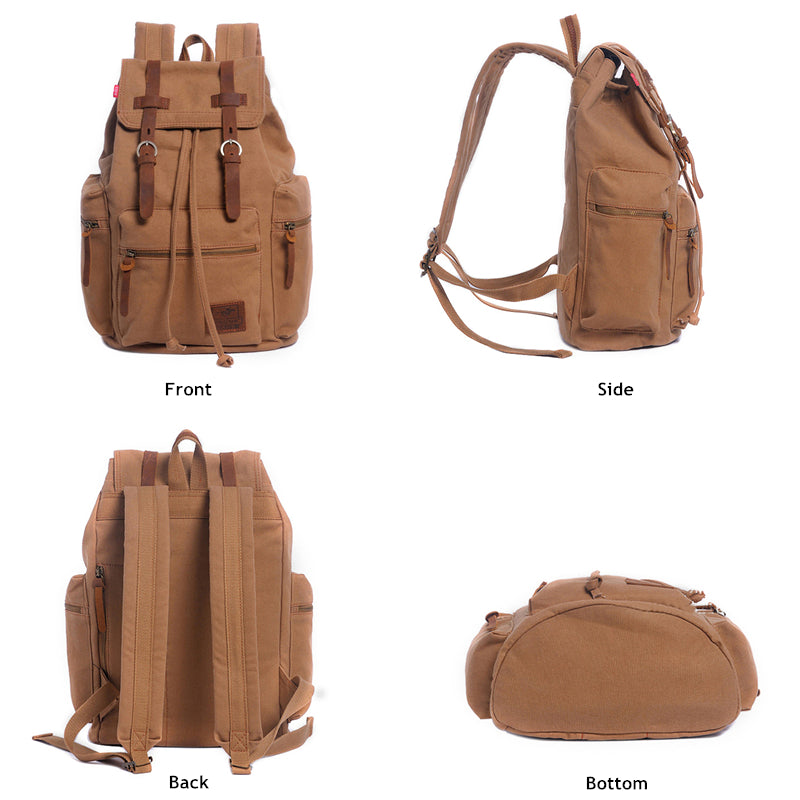 Brown backpack shown from front, side, back, and bottom angles on a white background.