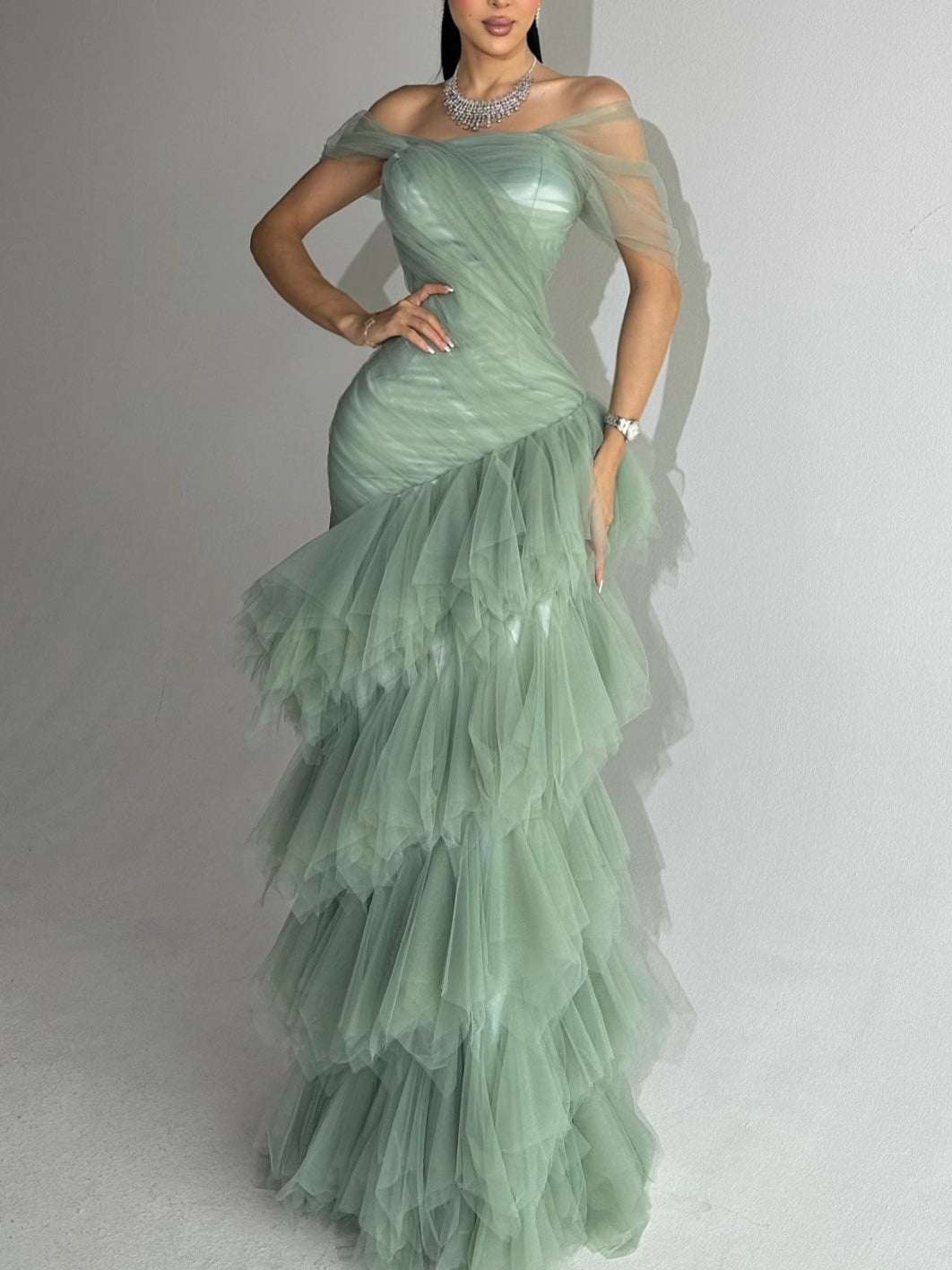 Women's Strapless Mermaid Maxi Dress With Layered Tulle Skirt | Sage Green | XS–XL