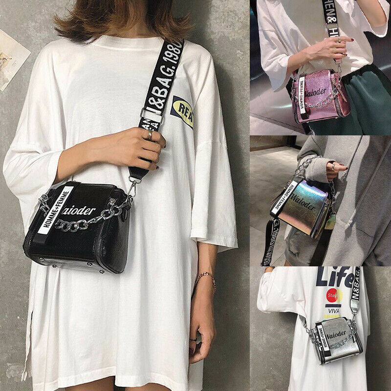 Letter print crossbody bag with wide shoulder strap