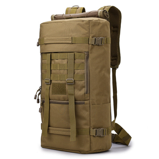 Tan backpack with multiple straps and buckles on a white background