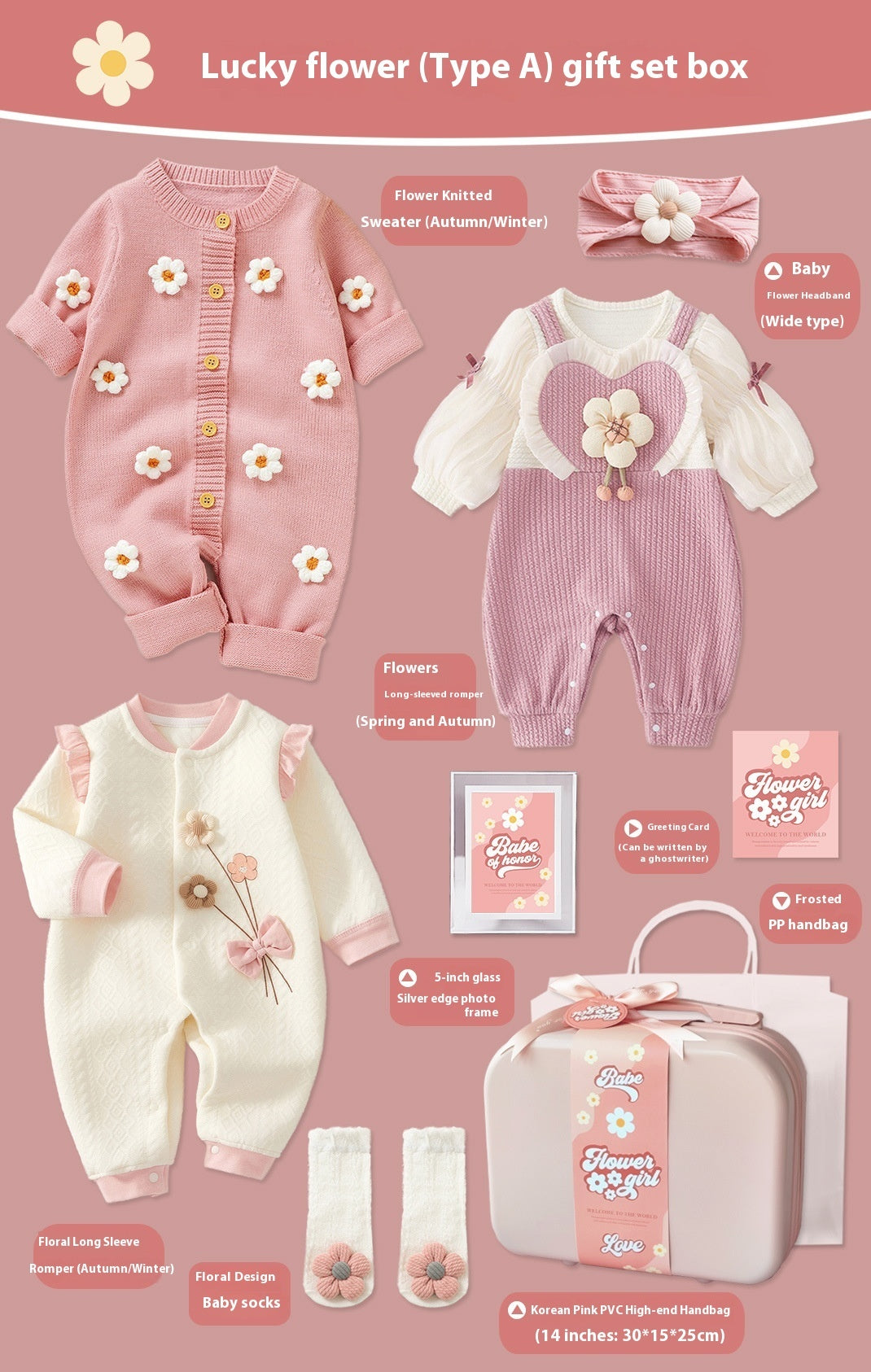 Baby gift set box with pink and white outfits on a pink background