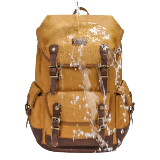 Brown backpack with water splashes on a white background