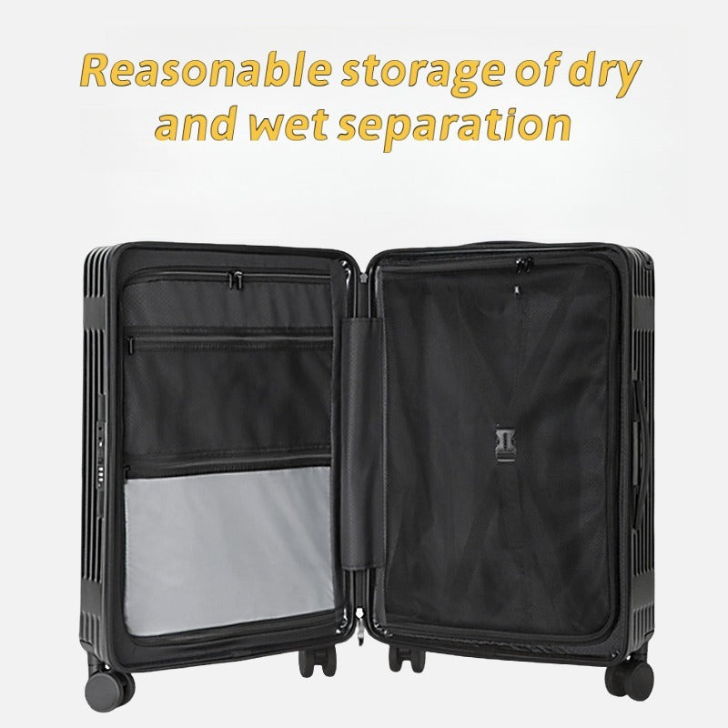 Black suitcase with a dry and wet separation compartment on a white background