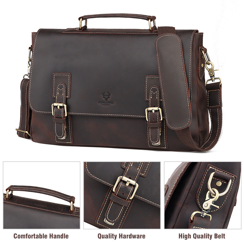 Brown leather briefcase with close-up details on a white background