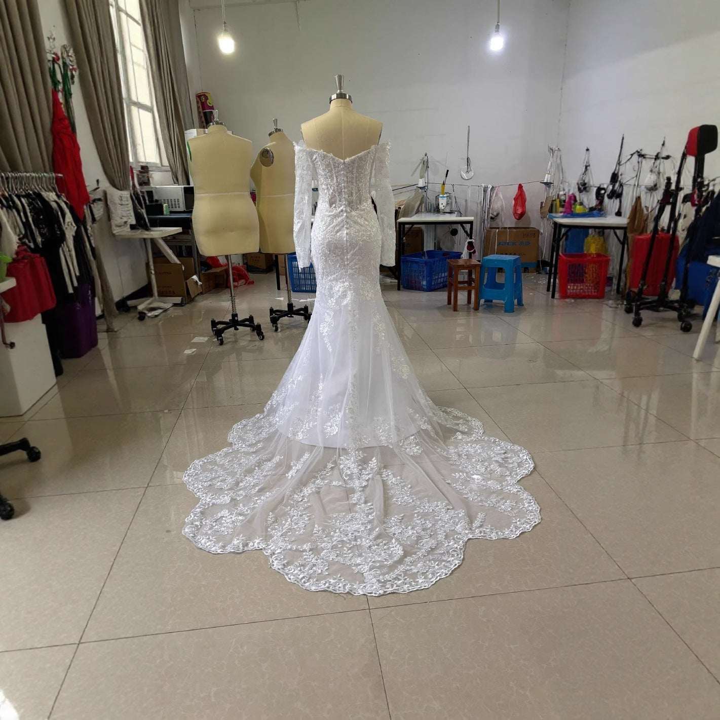 Women's Off-Shoulder Lace Long Sleeve Fishtail Wedding Gown – Mid-Waist Bridal Dress | Ivory | US 2–14 & 14W–26W