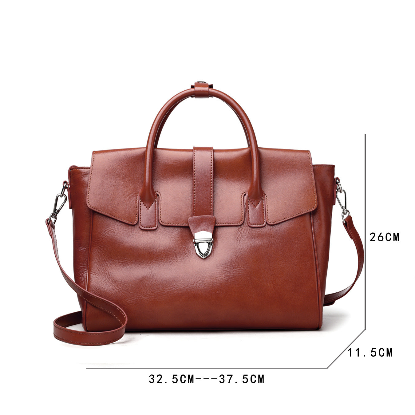 Brown leather handbag with measurements on a white background