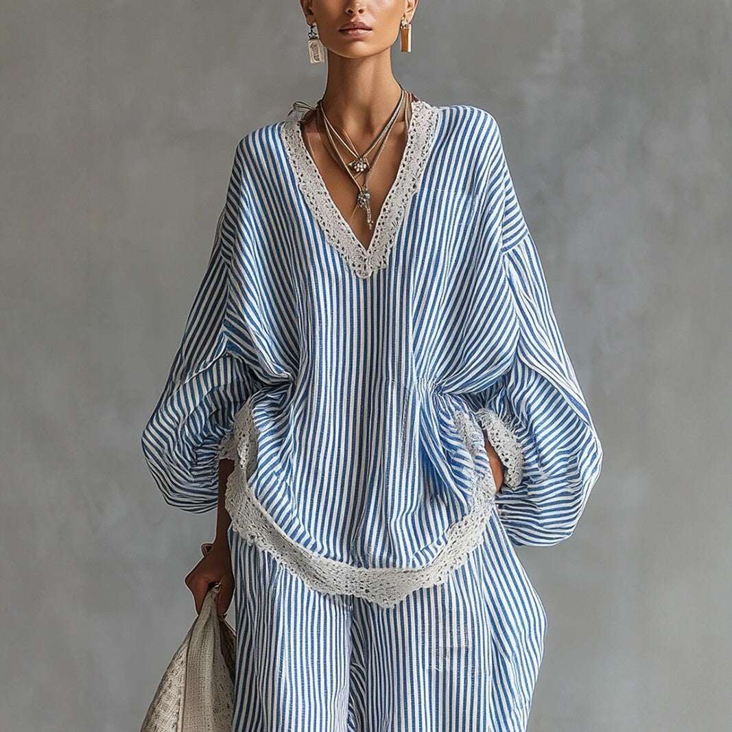 Blue & White Stripe Lace-Trim Puff Sleeve 2-Piece Set | S–2XL