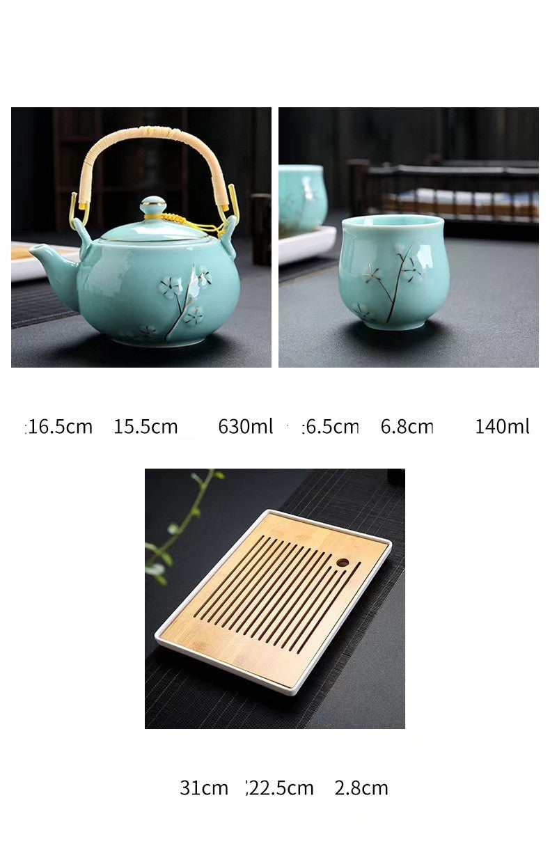 Simple Hand-painted Gold Large Teapot Ceramic - Kung Fu Tea Set Porcelain with Bamboo Tray