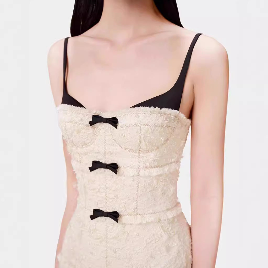 Women's French-Inspired Beaded Bow Sleeveless A-Line Mini Slip Dress | Apricot & Black | S–XL