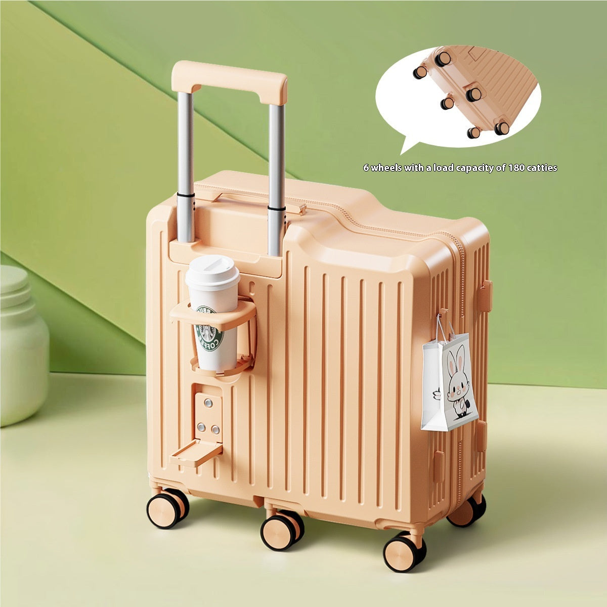 Beige suitcase with cup holder and wheels on a green background