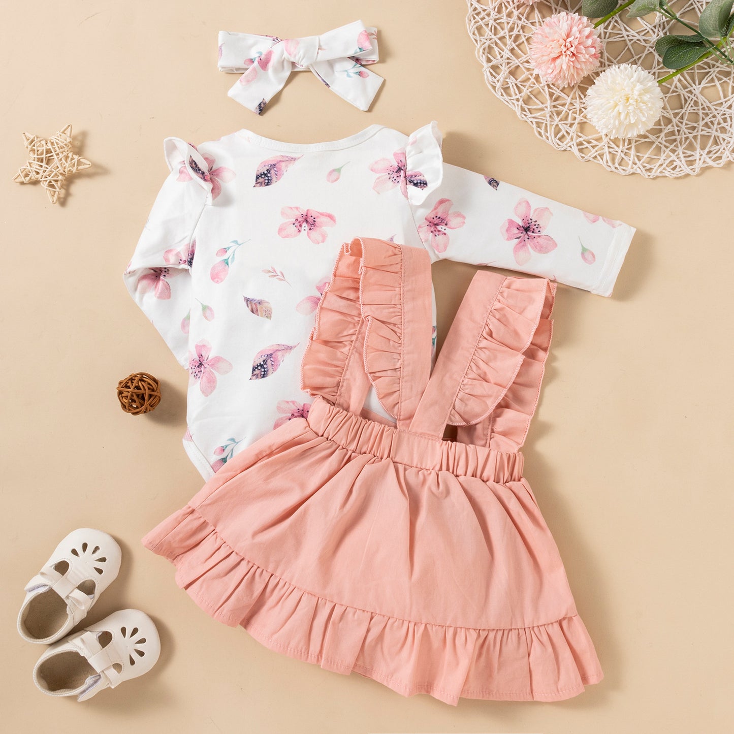Printed Long-sleeved Baby Girl Romper, Two-color Strap Ruffled Dress Headdress, Three Pieces