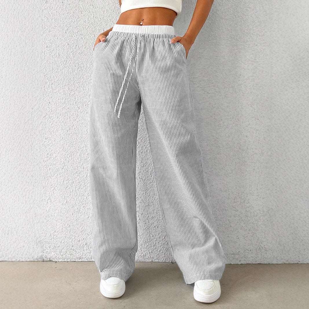 Women's Wide-Leg Floor-Length Pleated Pants – Mid-Rise Straight Leg Casual Trousers with Pockets | Blue, Gray, Pink | XS–L