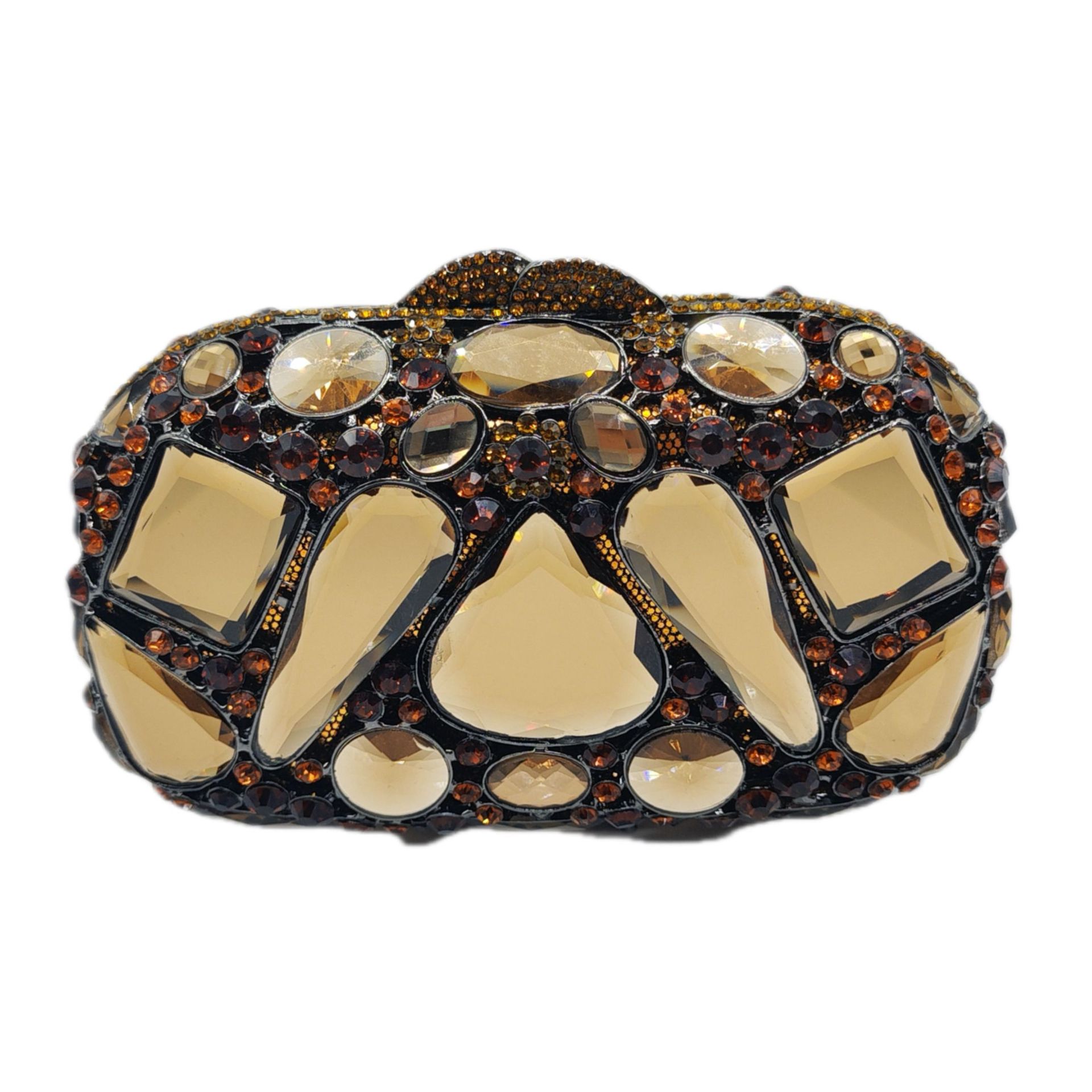 Decorative belt buckle with gold and brown gemstones on a white background