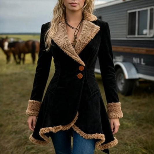 Woman wearing a black coat with brown fur trim standing in a field with horses and a trailer in the background.