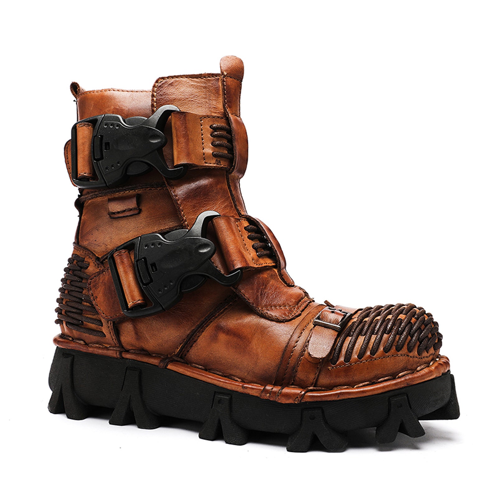 Brown leather boot with black sole on a white background