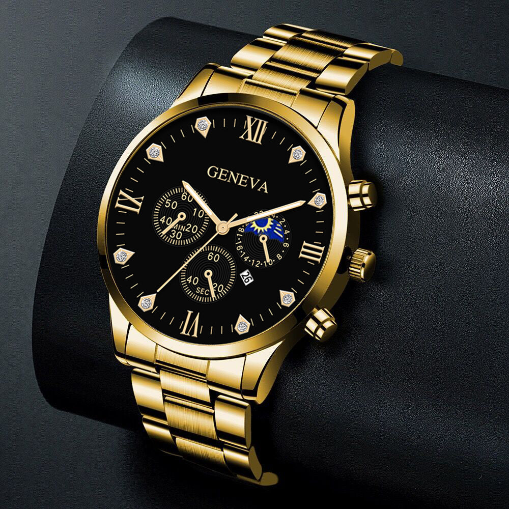 Fashion Business Men's Steel Watch - Gold Bracelet Set