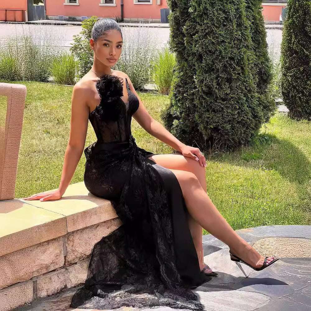 Women's Sleeveless Backless Floral Lace Bodycon Maxi Dress | Black | S–L