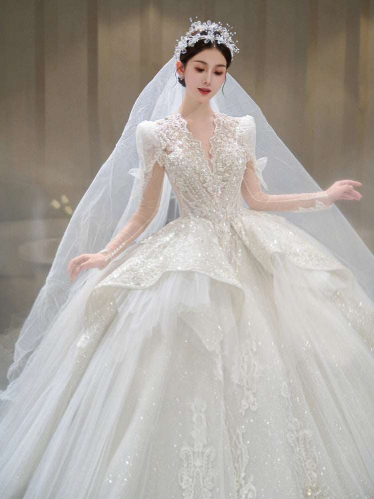 Women's French Retro Heavy Industry Tulle Wedding Dress – Long Puff Sleeve Bridal Gown | Floor-Length & Trailing | S–XXL