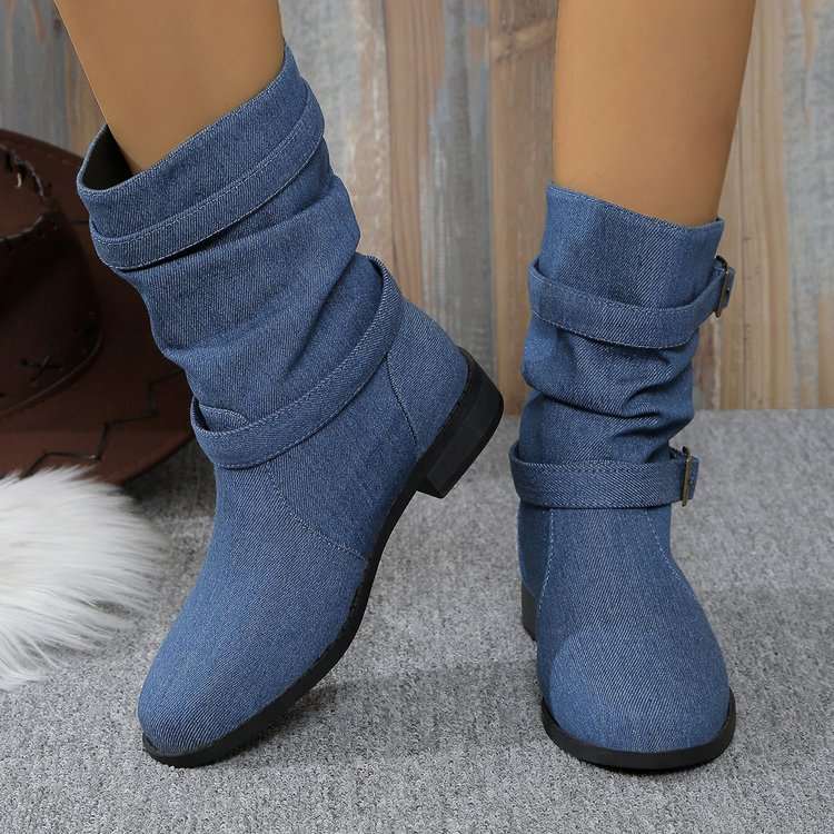 Women's Square Heel Denim Leather Boots - Round Toe High Boots