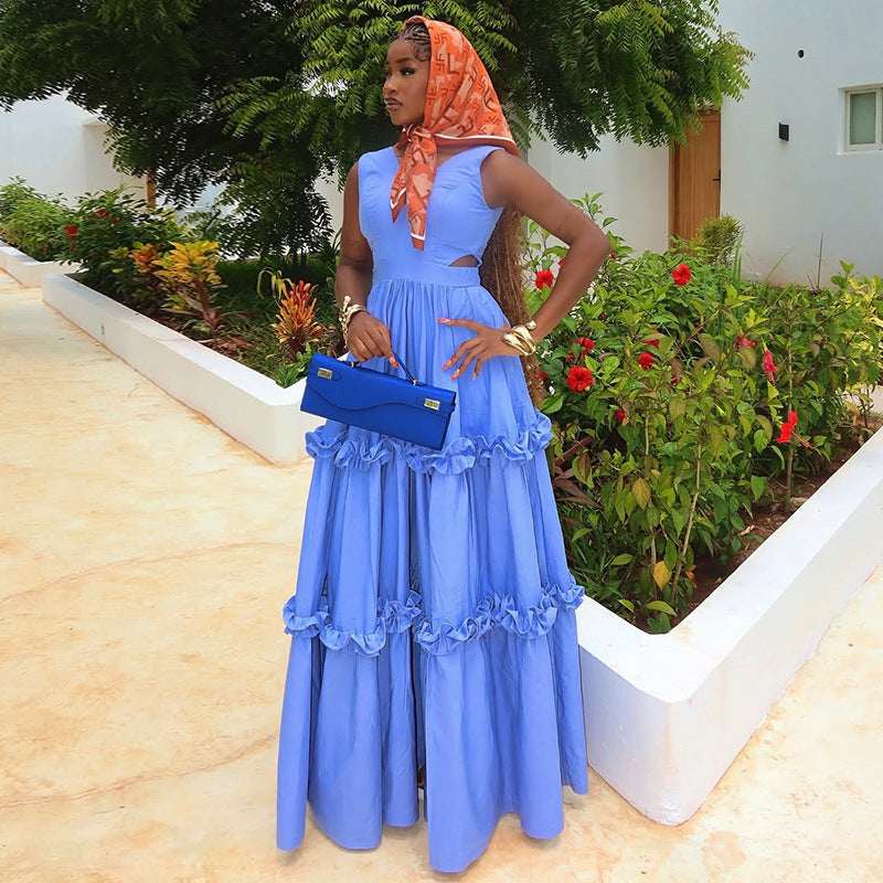Women's Sleeveless V-Neck Cut-Out High-Waist A-Line Maxi Dress | Blue | S–2XL