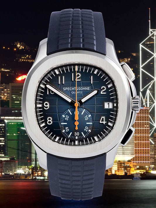 Watch with blue strap and dark face against a cityscape background