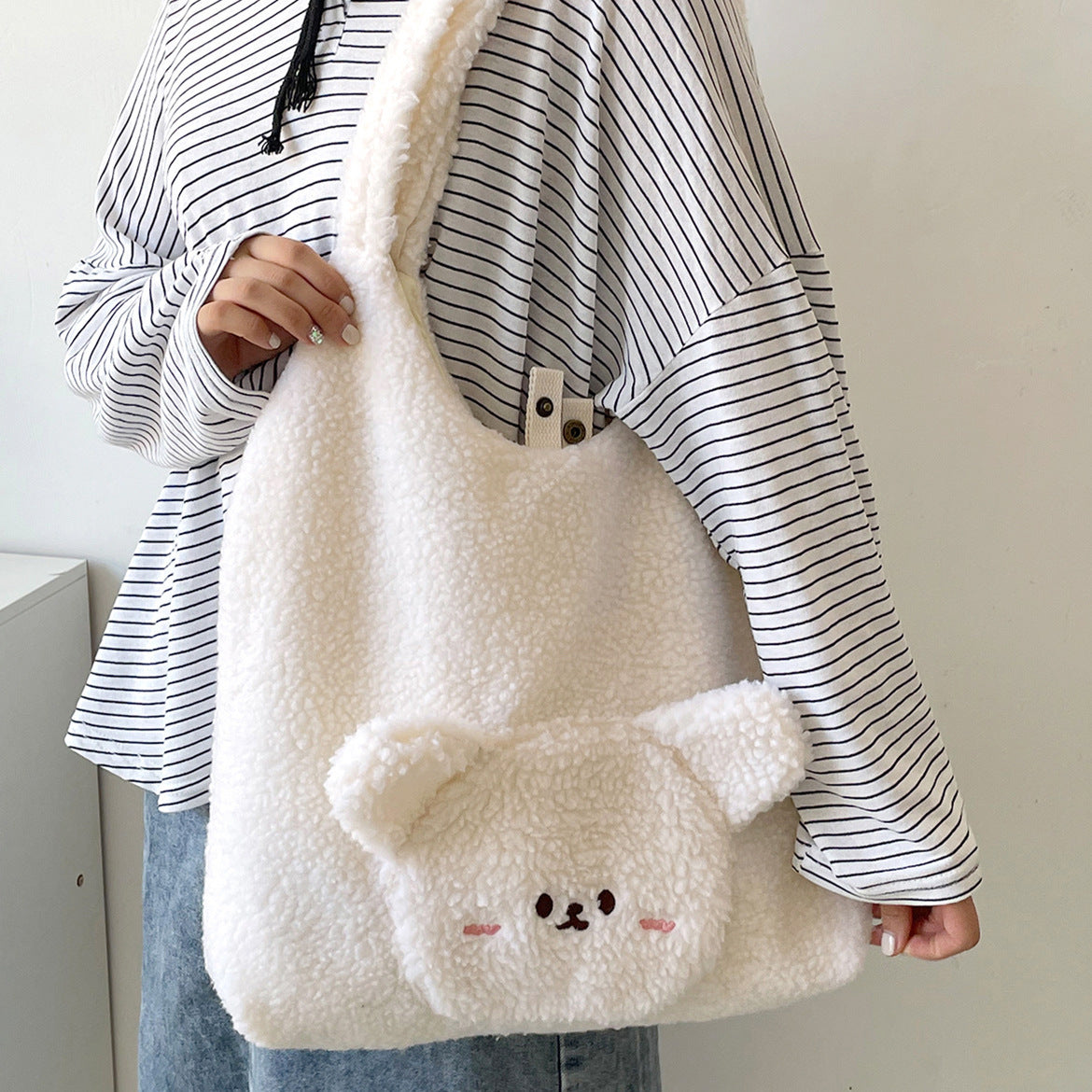 3D Cartoon Bear Plush Shoulder Bag - Women's Winter College Handbag