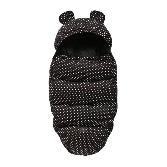 Black and white polka dot baby sleeping bag with bear ears on a white background