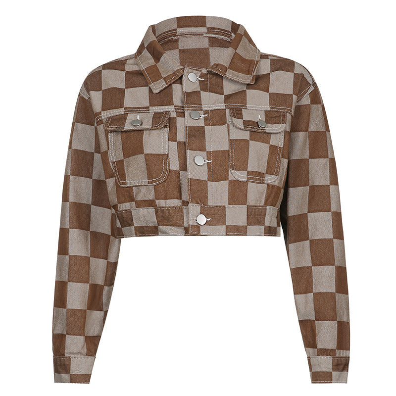 Brown and beige checkered jacket on a white background