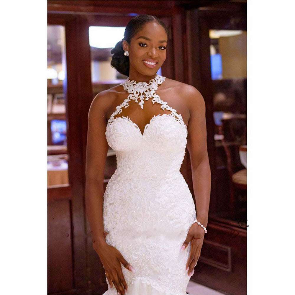 Women's Vintage Lace Beaded Mermaid Wedding Dress – Sheer Halter Neck Tulle Bridal Gown with Sweep Train | Beige & White | US 2–16