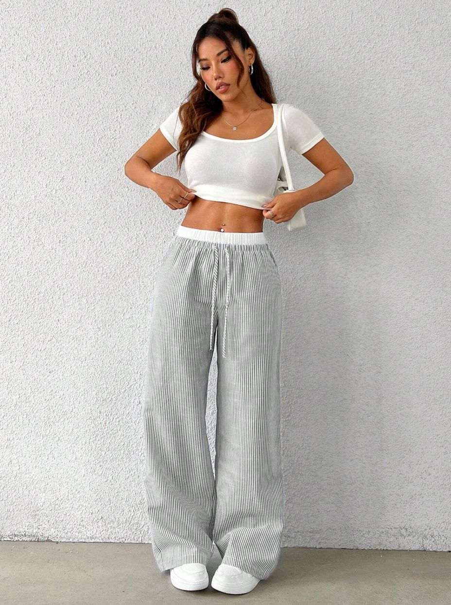 Women's Wide-Leg Floor-Length Pleated Pants – Mid-Rise Straight Leg Casual Trousers with Pockets | Blue, Gray, Pink | XS–L