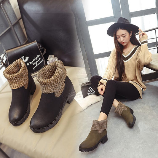 Woman wearing black ankle boots with knitted tops sitting on a bench, next to a pair of similar boots.