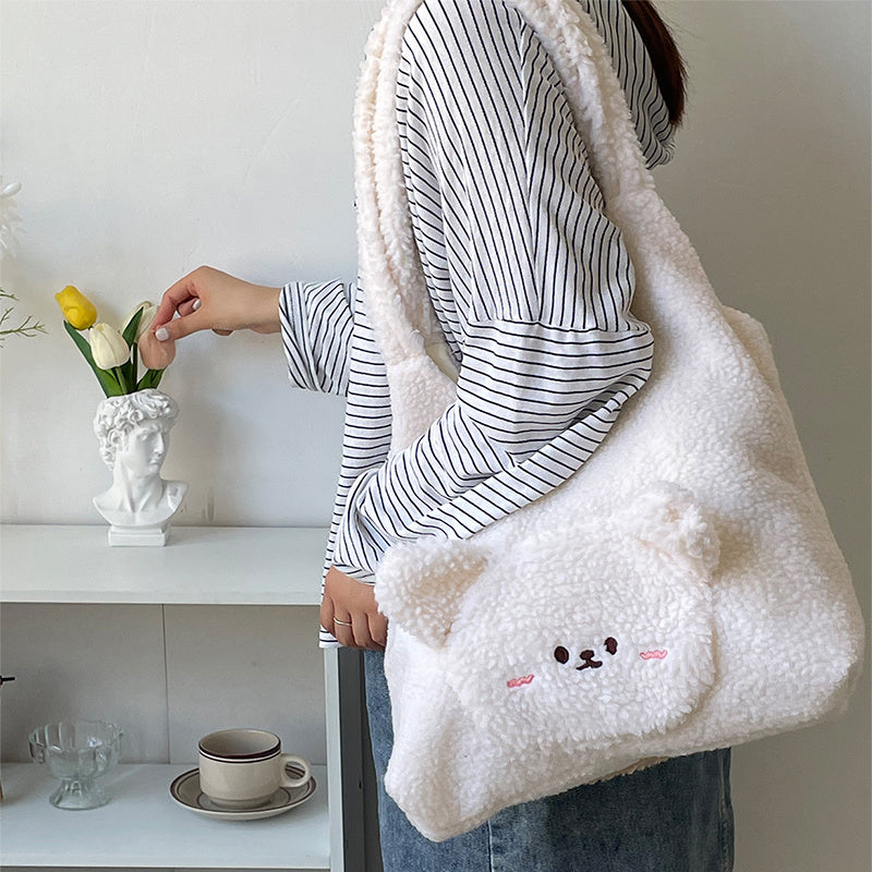 3D Cartoon Bear Plush Shoulder Bag - Women's Winter College Handbag