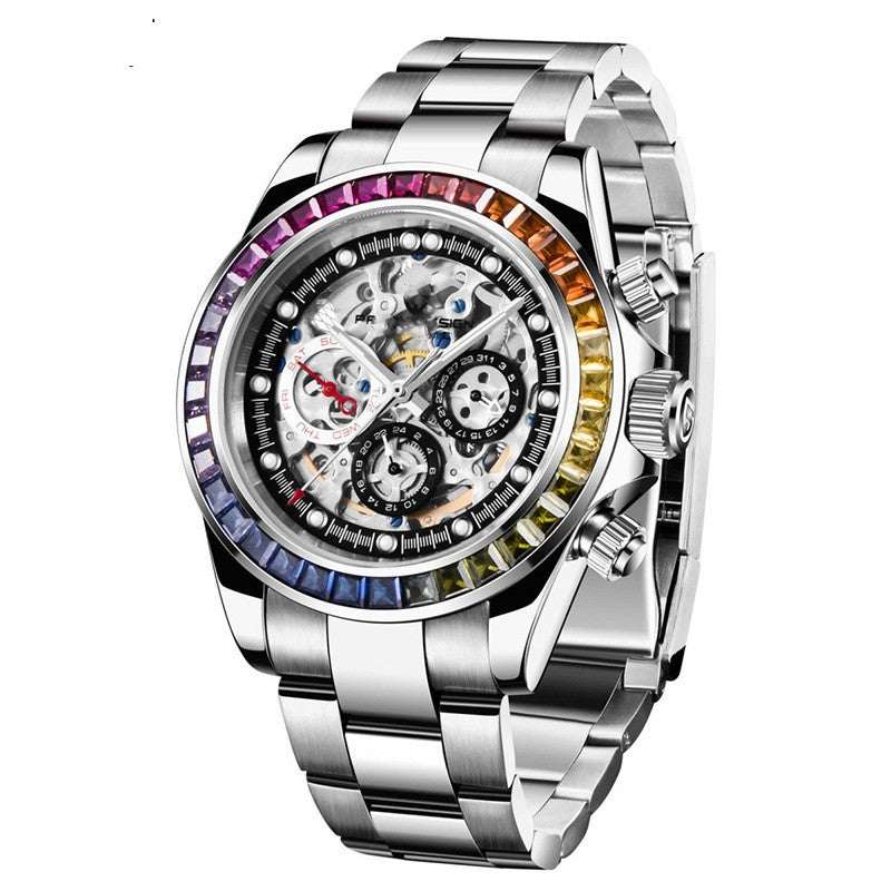 Men's Transparent Dial Mechanical Watch – Sapphire Crystal 40mm Stainless Steel | Colored & Silver Black | Steel Strip & Tape
