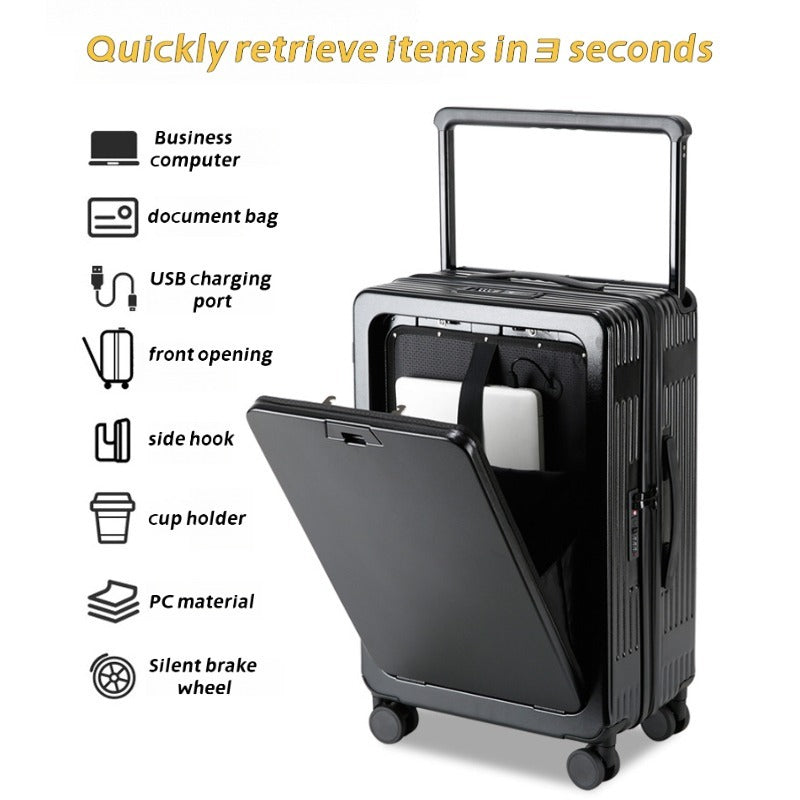 Black suitcase with features listed on a white background