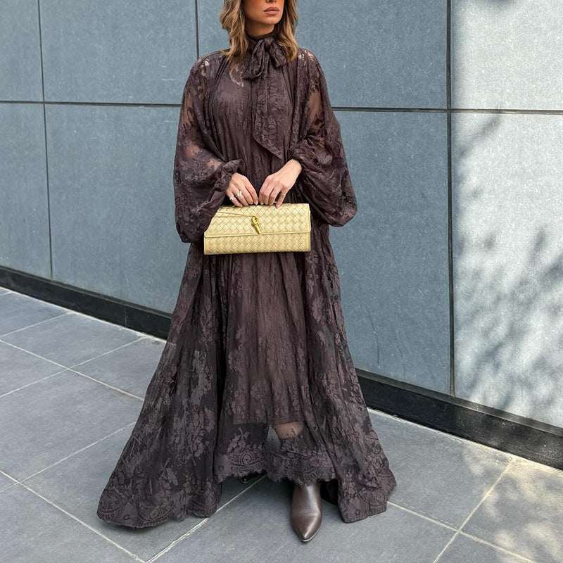 Women's Embroidered Lotus-Ruffle Long-Sleeve Maxi Dress | Apricot & Dark Brown | S–XL