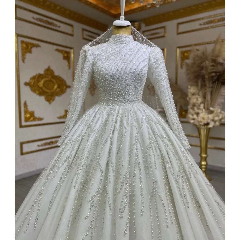 Long Sleeve High Waist Trailing Wedding Dress | White | US 2–16 & 16W–26W