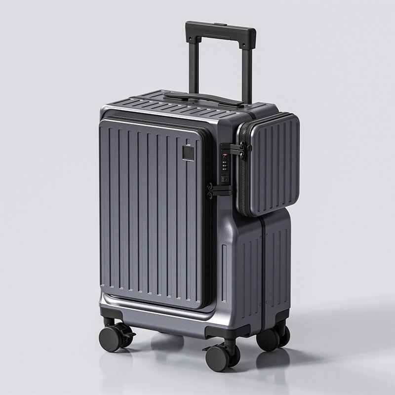 Silver suitcase with black accents on a light gray background