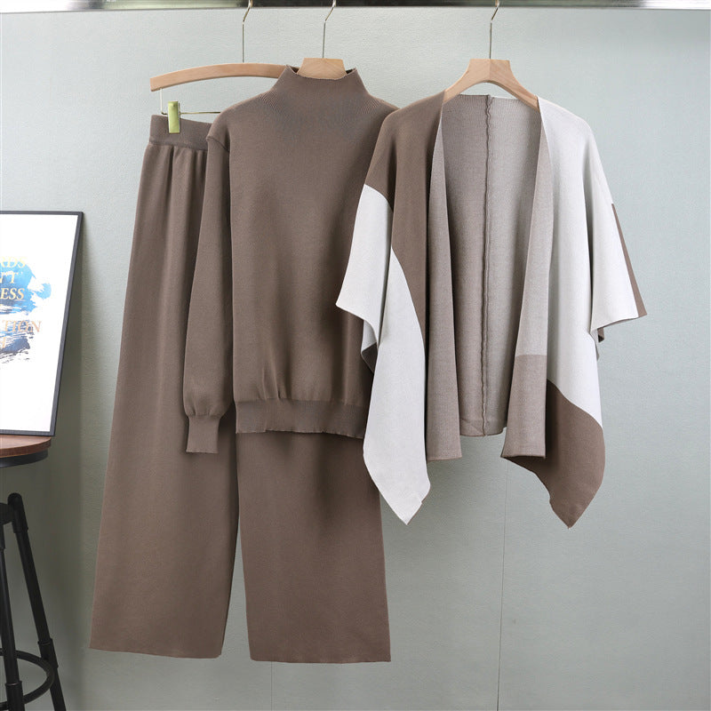 Women's Autumn Knitted Three-Piece Set - Adult European Fashion Shawl & Wide Leg Pants