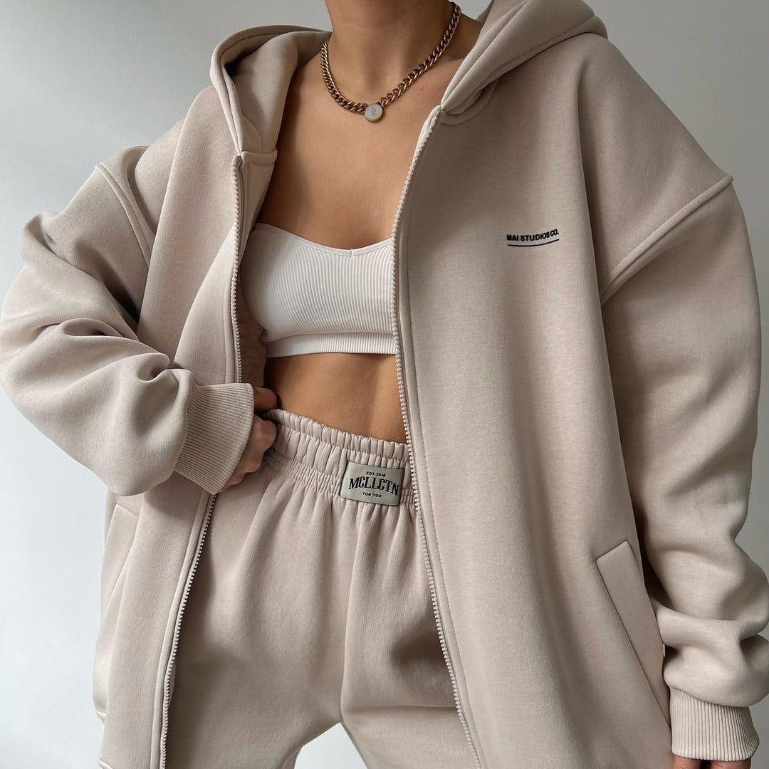 Women's Long Sleeve Fleece Pullover Trousers Fashion Printed Hooded Suits - Cozy Set