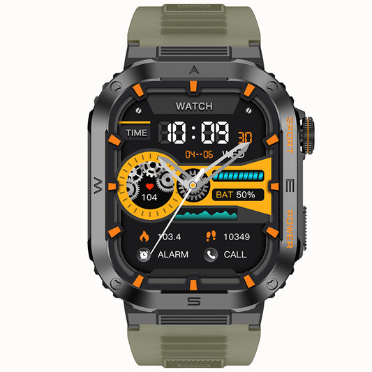 Digital smartwatch with a green strap on a white background