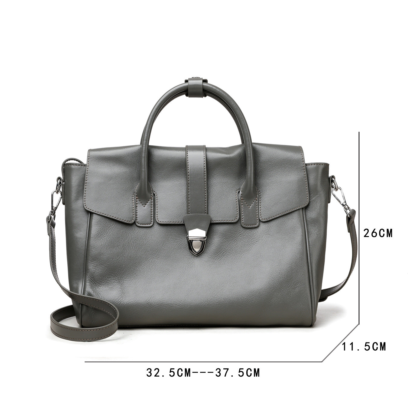 Gray handbag with measurements on a white background