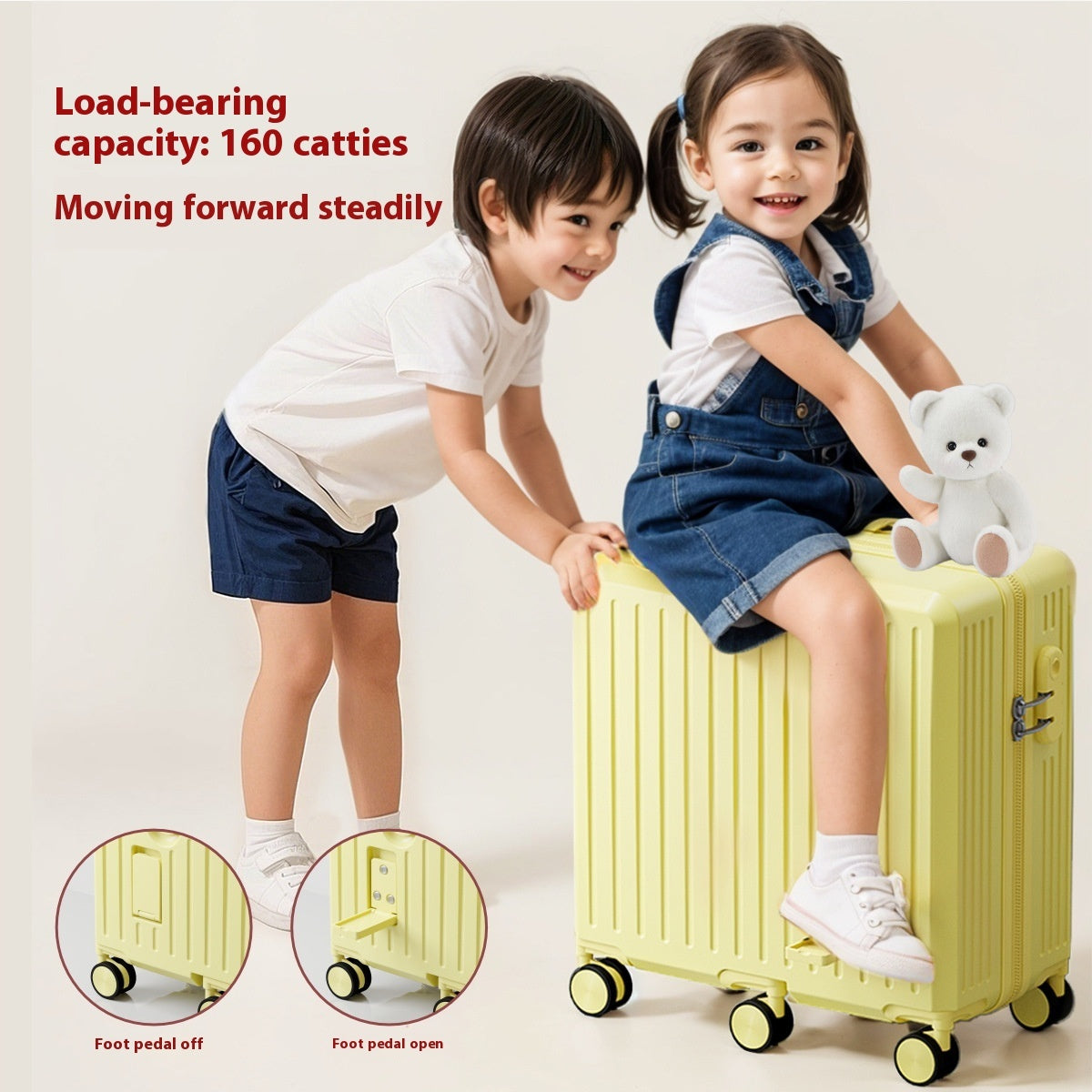 Two children with a yellow suitcase, one child holding a teddy bear, on a light background.